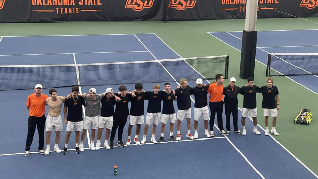 Feb. 10, 2024 - Oklahoma State men's tennis team celebrates win against No. 5 USC